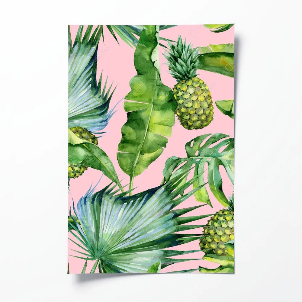 Poster tropisches ananas- und blattmuster in aquarell auf rosa hintergrund – Wallnifity® Poster tropisches ananas- und blattmuster in aquarell auf rosa hintergrund – Wallnifity®