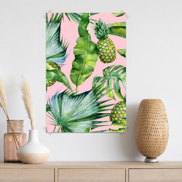 Poster tropisches ananas- und blattmuster in aquarell auf rosa hintergrund – Wallnifity® Poster tropisches ananas- und blattmuster in aquarell auf rosa hintergrund – Wallnifity®