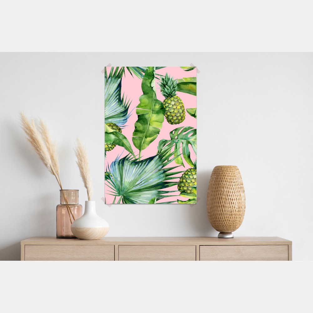 Poster tropisches ananas- und blattmuster in aquarell auf rosa hintergrund – Wallnifity® Poster tropisches ananas- und blattmuster in aquarell auf rosa hintergrund – Wallnifity®