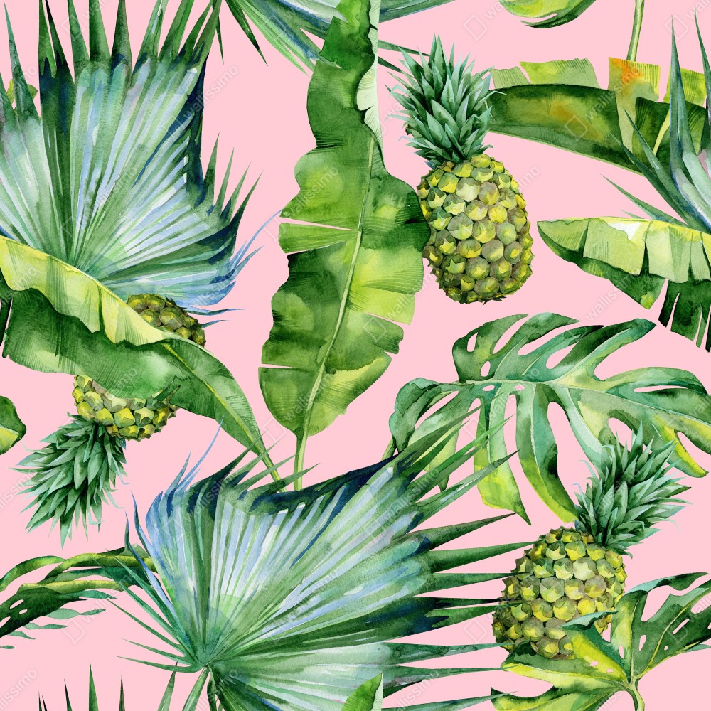 Poster tropisches ananas- und blattmuster in aquarell auf rosa hintergrund – Wallnifity® Poster tropisches ananas- und blattmuster in aquarell auf rosa hintergrund – Wallnifity®