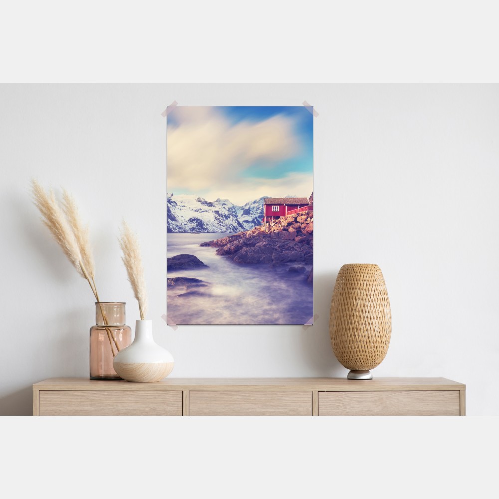 Poster küstengebirge mit roten hütten – Wallnifity® Poster küstengebirge mit roten hütten – Wallnifity®