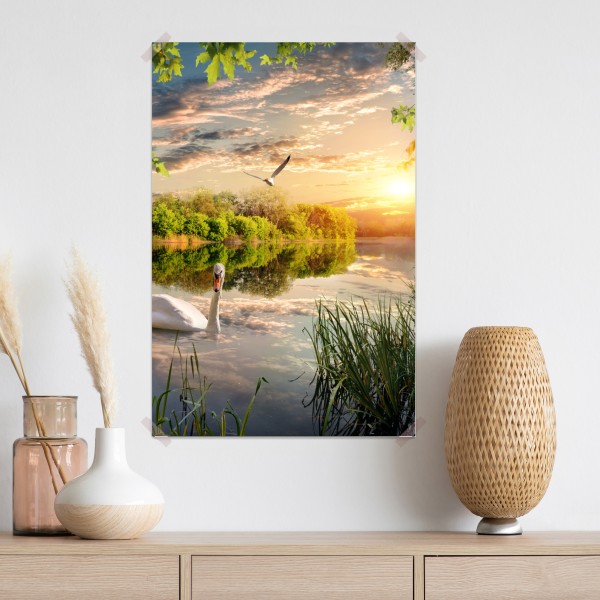Poster sonnenuntergang mit schwan auf stillem see – Wallnifity® Poster sonnenuntergang mit schwan auf stillem see – Wallnifity®