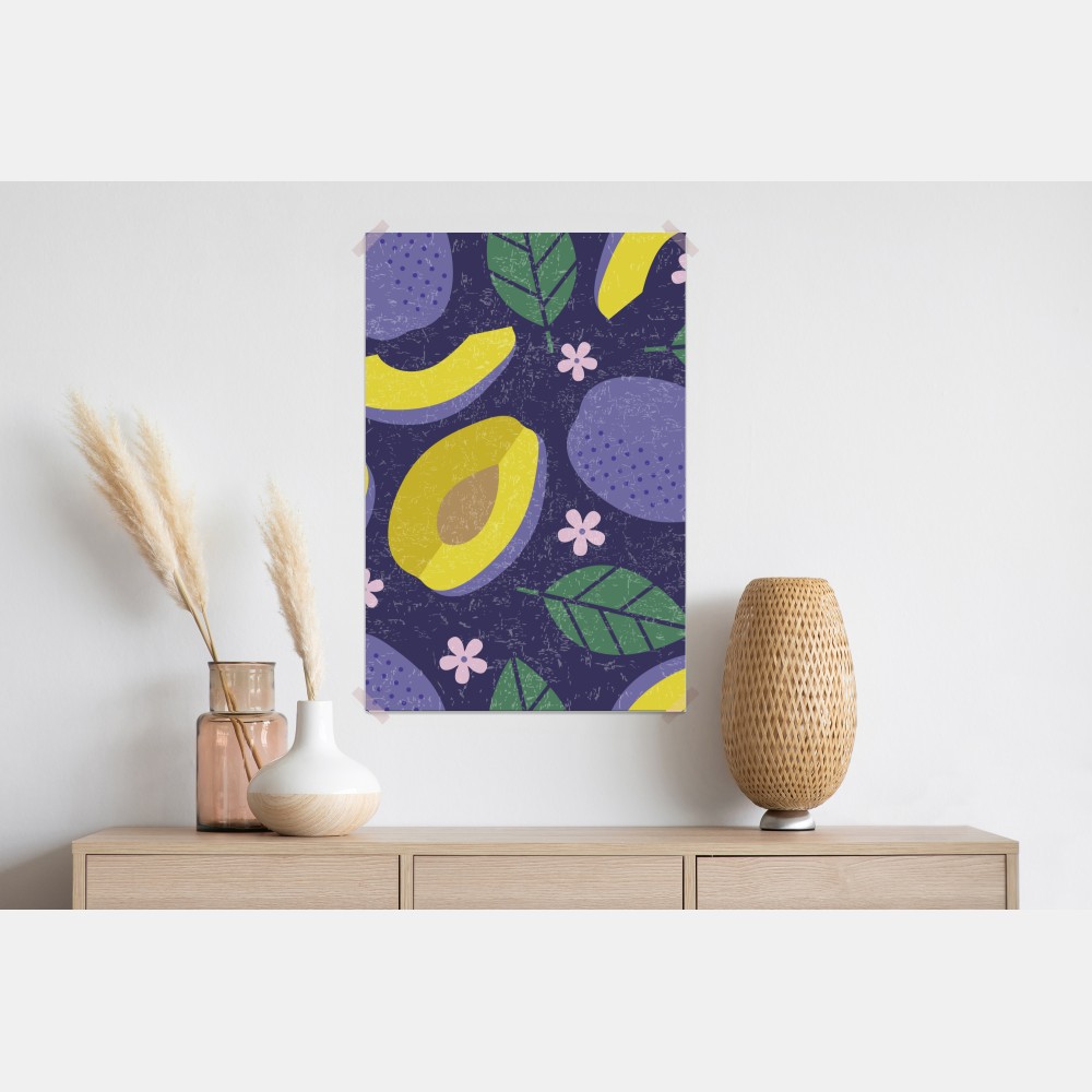 Poster verspieltes pflaumenmuster mit blättern – Wallnifity® Poster verspieltes pflaumenmuster mit blättern – Wallnifity®