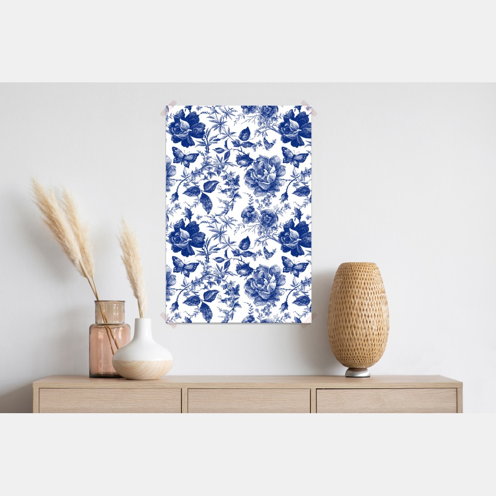 Poster blaues blumen toile-muster – Wallnifity® Poster blaues blumen toile-muster – Wallnifity®
