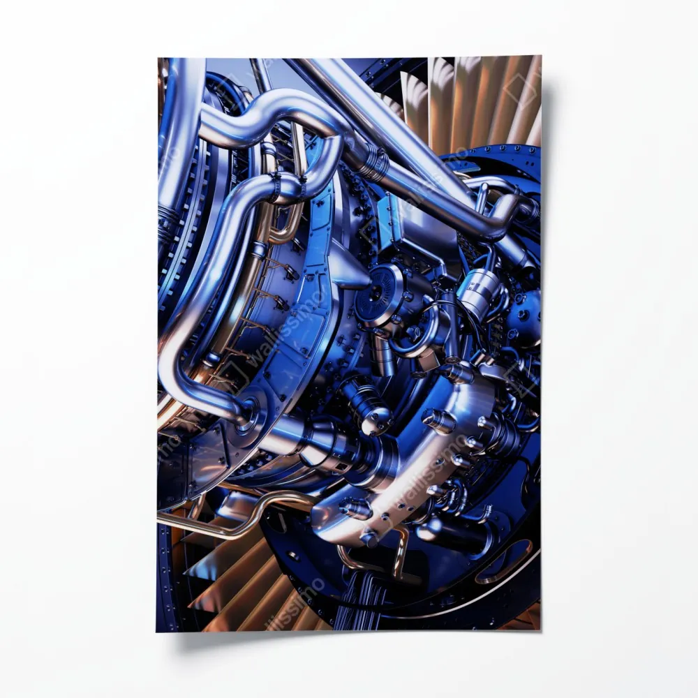 Poster nahaufnahme einer turbinenanlage in blau und orange – Wallnifity® Poster nahaufnahme einer turbinenanlage in blau und orange – Wallnifity®