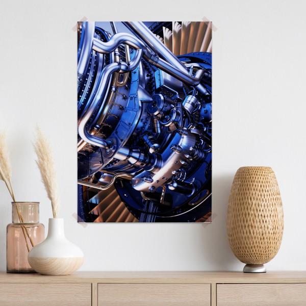 Poster nahaufnahme einer turbinenanlage in blau und orange – Wallnifity® Poster nahaufnahme einer turbinenanlage in blau und orange – Wallnifity®