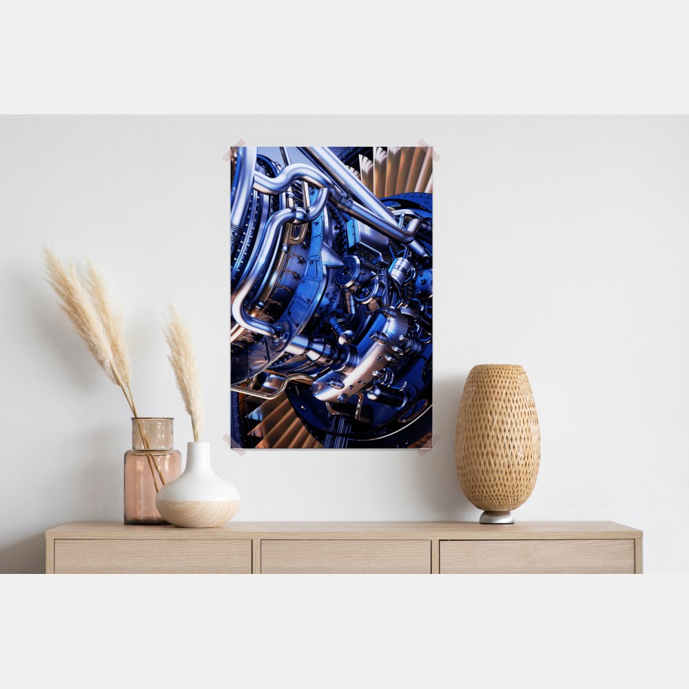 Poster nahaufnahme einer turbinenanlage in blau und orange – Wallnifity® Poster nahaufnahme einer turbinenanlage in blau und orange – Wallnifity®