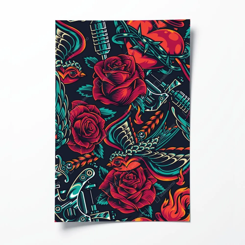 Poster kräftiges tätowierungsmuster mit rosen – Wallnifity® Poster kräftiges tätowierungsmuster mit rosen – Wallnifity®