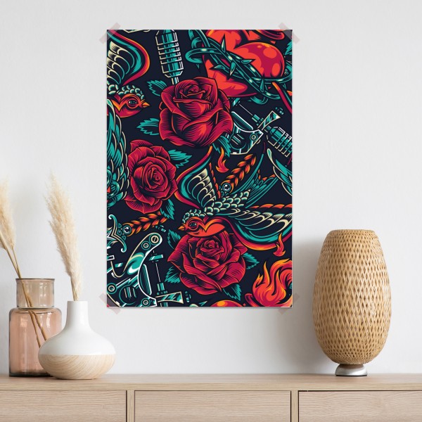 Poster kräftiges tätowierungsmuster mit rosen – Wallnifity® Poster kräftiges tätowierungsmuster mit rosen – Wallnifity®