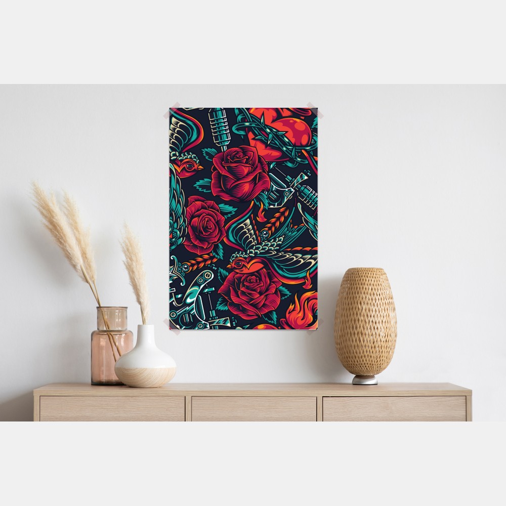 Poster kräftiges tätowierungsmuster mit rosen – Wallnifity® Poster kräftiges tätowierungsmuster mit rosen – Wallnifity®