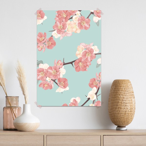 Poster pastelliges kirschblütenmuster auf mintfarbenem hintergrund – Wallnifity® Poster pastelliges kirschblütenmuster auf mintfarbenem hintergrund – Wallnifity®