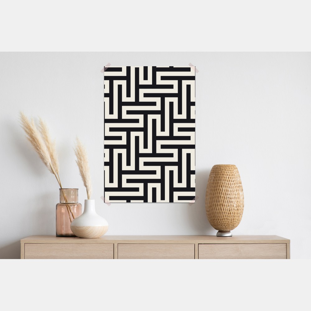 Poster geometrisches labyrinthmuster in beige und schwarz – Wallnifity®