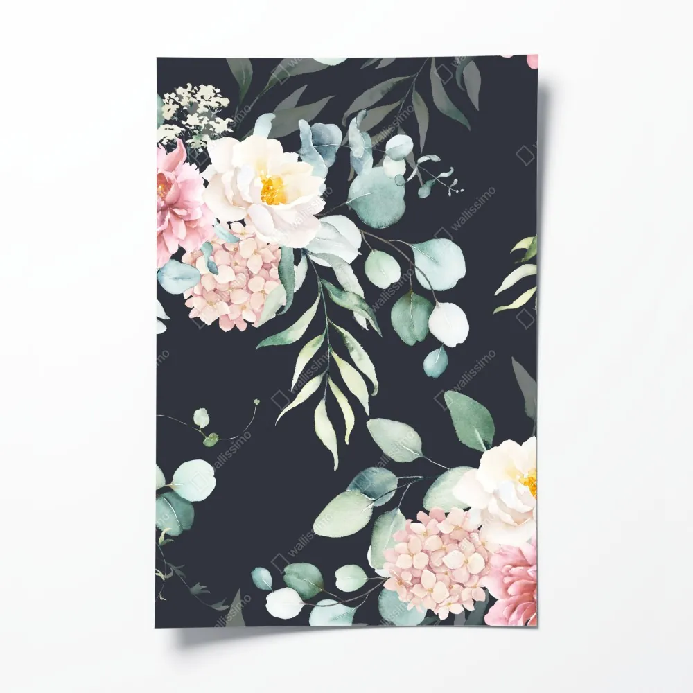 Poster elegantes aquarell-blumenmuster auf dunklem hintergrund – Wallnifity® Poster elegantes aquarell-blumenmuster auf dunklem hintergrund – Wallnifity®