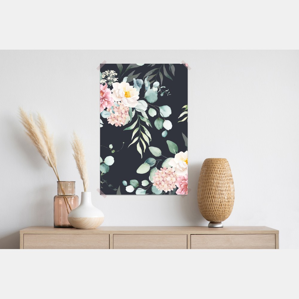 Poster elegantes aquarell-blumenmuster auf dunklem hintergrund – Wallnifity® Poster elegantes aquarell-blumenmuster auf dunklem hintergrund – Wallnifity®