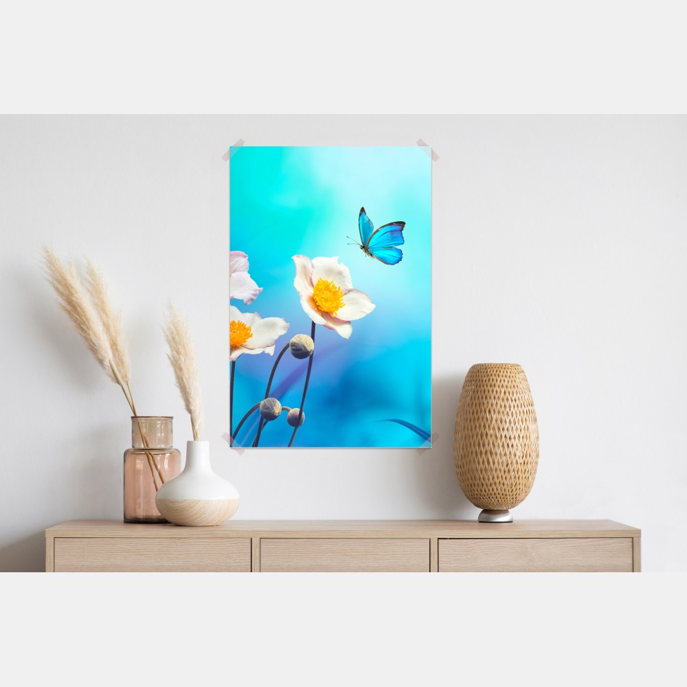 Poster zarte rosa anemonen und blauer schmetterling – Wallnifity® Poster zarte rosa anemonen und blauer schmetterling – Wallnifity®