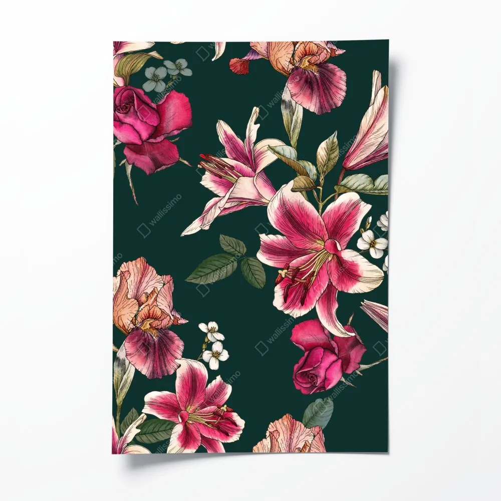 Poster vintage botanisches floralmuster auf tiefgrün – Wallnifity® Poster vintage botanisches floralmuster auf tiefgrün – Wallnifity®