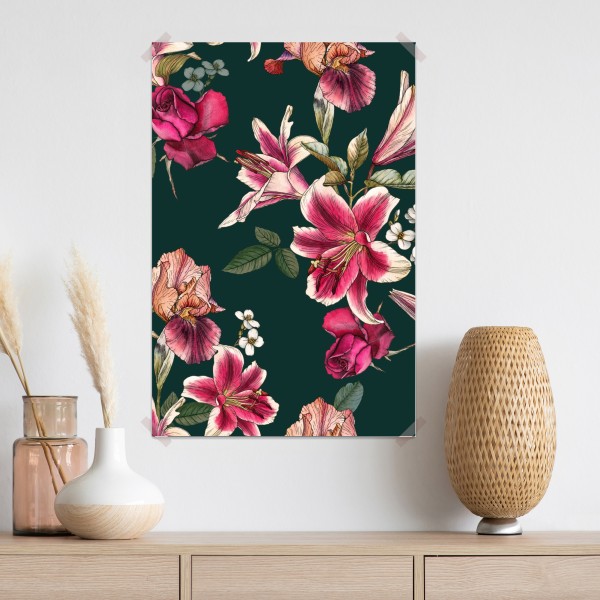 Poster vintage botanisches floralmuster auf tiefgrün – Wallnifity® Poster vintage botanisches floralmuster auf tiefgrün – Wallnifity®