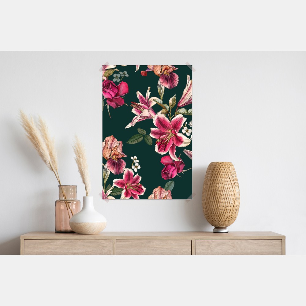 Poster vintage botanisches floralmuster auf tiefgrün – Wallnifity® Poster vintage botanisches floralmuster auf tiefgrün – Wallnifity®