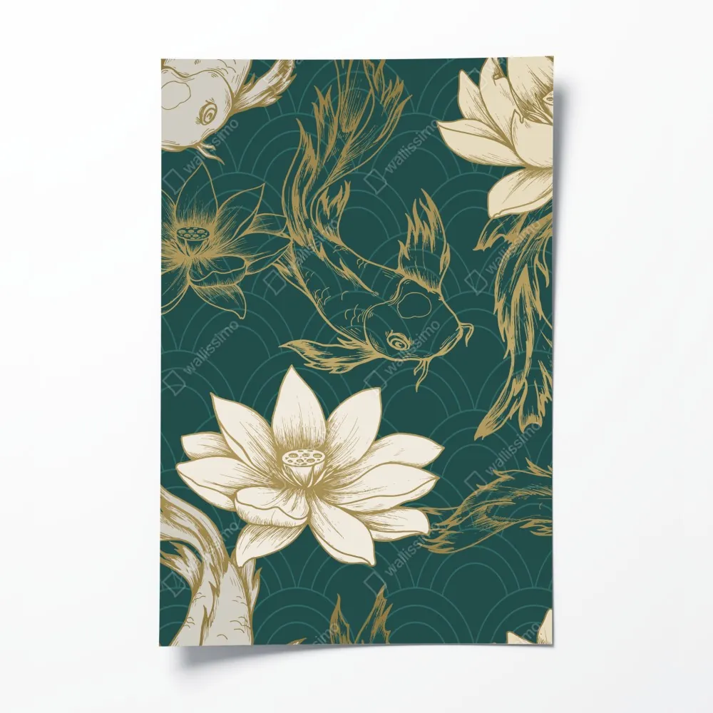 Poster orientalisches koi- und lotosmuster in türkis und gold – Wallnifity® Poster orientalisches koi- und lotosmuster in türkis und gold – Wallnifity®