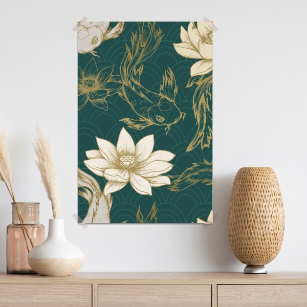 Poster orientalisches koi- und lotosmuster in türkis und gold – Wallnifity® Poster orientalisches koi- und lotosmuster in türkis und gold – Wallnifity®