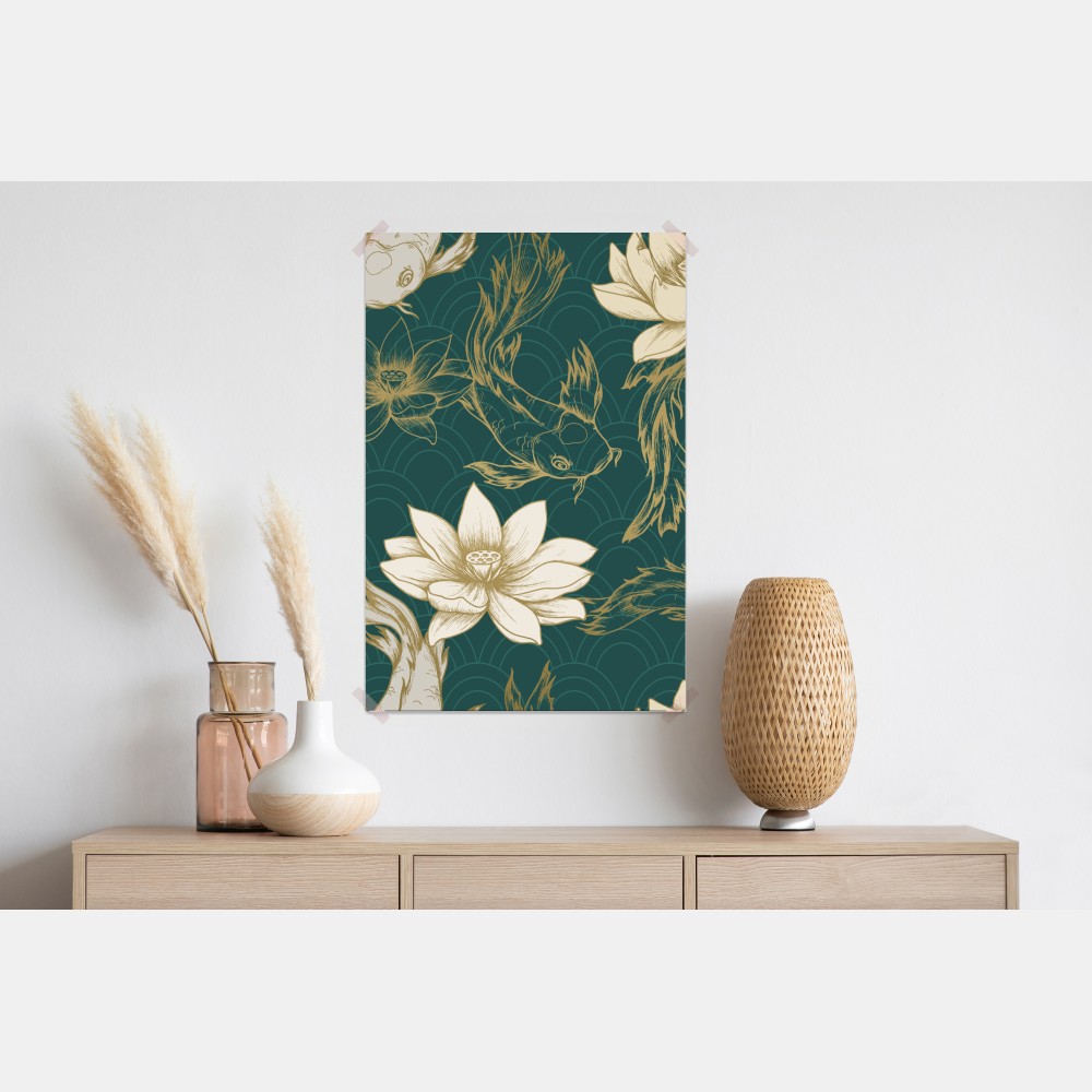 Poster orientalisches koi- und lotosmuster in türkis und gold – Wallnifity® Poster orientalisches koi- und lotosmuster in türkis und gold – Wallnifity®