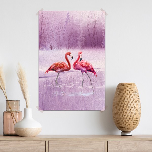 Poster pastell flamingos über winterlichem see – Wallnifity® Poster pastell flamingos über winterlichem see – Wallnifity®