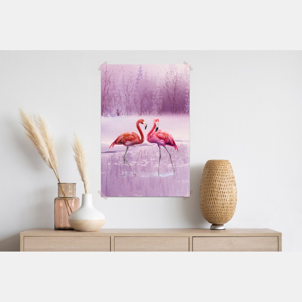 Poster pastell flamingos über winterlichem see – Wallnifity® Poster pastell flamingos über winterlichem see – Wallnifity®