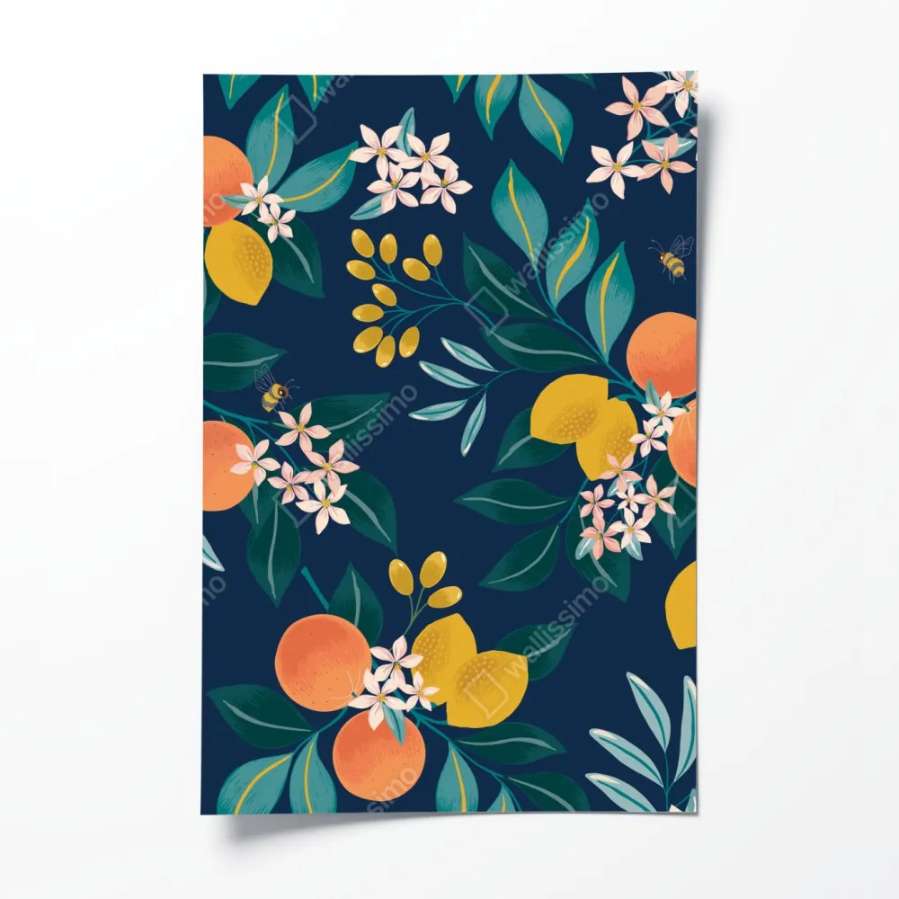 Poster botanisches zitronen- und orangenmuster auf marineblauem hintergrund – Wallnifity® Poster botanisches zitronen- und orangenmuster auf marineblauem hintergrund – Wallnifity®