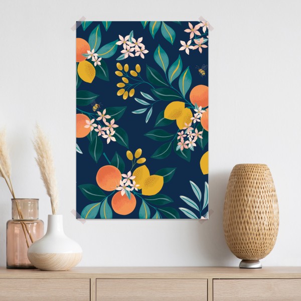 Poster botanisches zitronen- und orangenmuster auf marineblauem hintergrund – Wallnifity® Poster botanisches zitronen- und orangenmuster auf marineblauem hintergrund – Wallnifity®