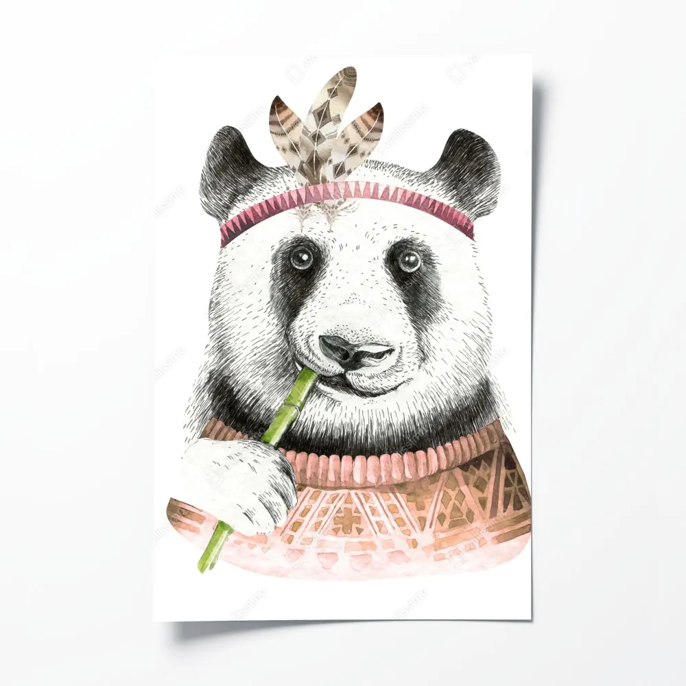 Poster boho aquarell-panda mit federn – Wallnifity® Poster boho aquarell-panda mit federn – Wallnifity®