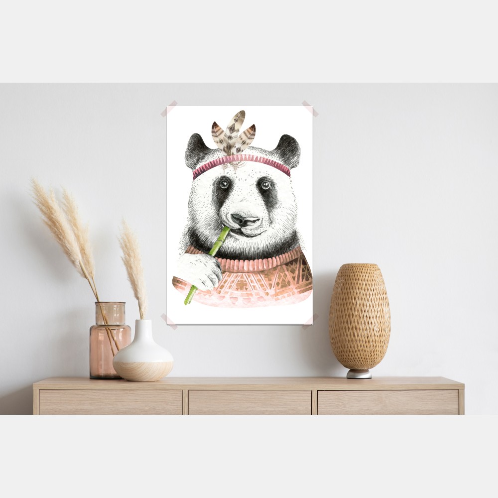 Poster boho aquarell-panda mit federn – Wallnifity® Poster boho aquarell-panda mit federn – Wallnifity®