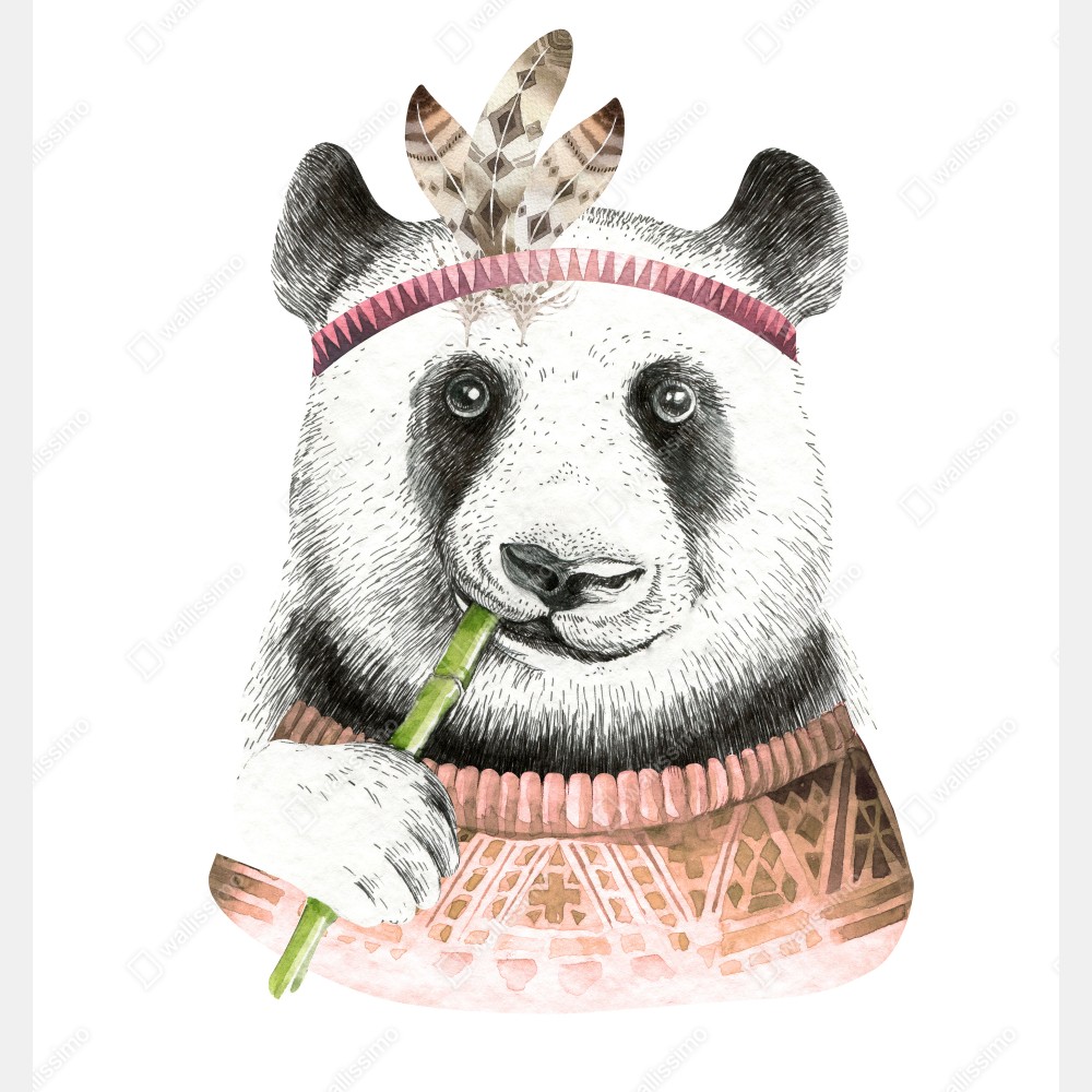 Poster boho aquarell-panda mit federn – Wallnifity® Poster boho aquarell-panda mit federn – Wallnifity®