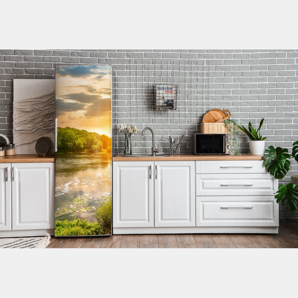 Kühlschrankaufkleber ruhiger sonnenuntergang am fluss im grünen wald – Wallnifity® Kühlschrankaufkleber ruhiger sonnenuntergang am fluss im grünen wald – Wallnifity®