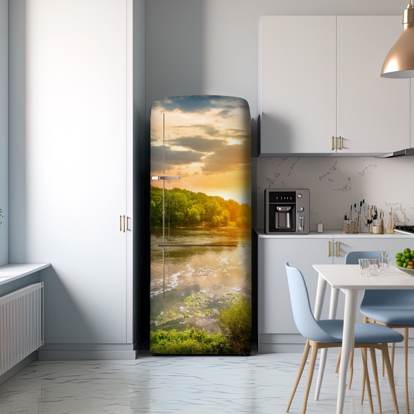 Kühlschrankaufkleber ruhiger sonnenuntergang am fluss im grünen wald – Wallnifity® Kühlschrankaufkleber ruhiger sonnenuntergang am fluss im grünen wald – Wallnifity®
