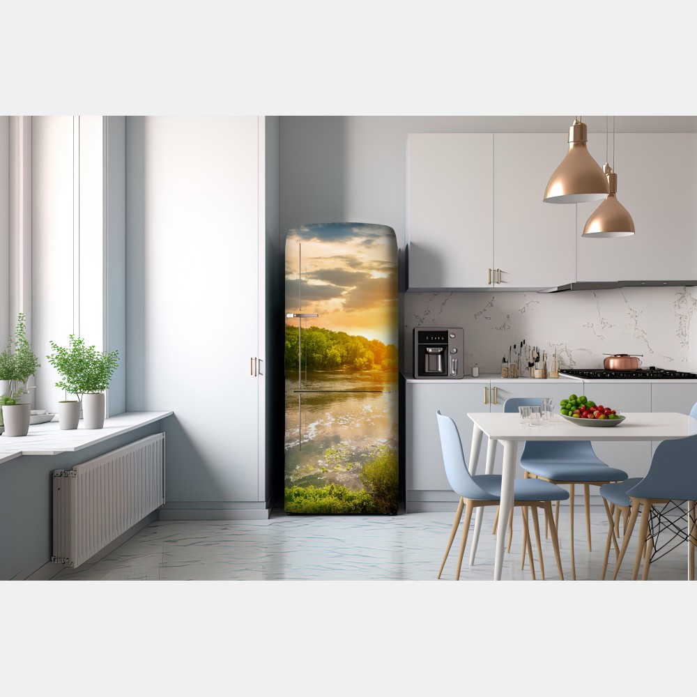 Kühlschrankaufkleber ruhiger sonnenuntergang am fluss im grünen wald – Wallnifity® Kühlschrankaufkleber ruhiger sonnenuntergang am fluss im grünen wald – Wallnifity®