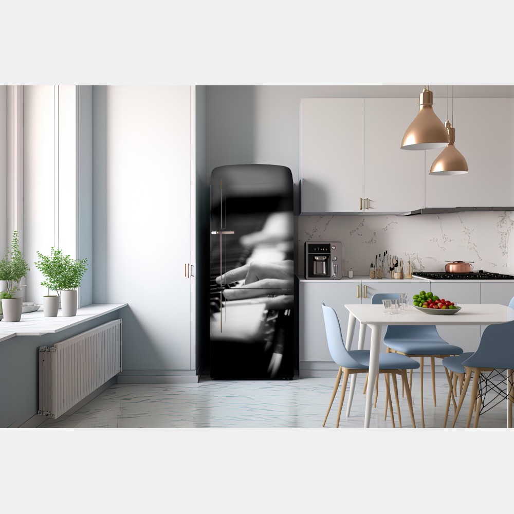 Kühlschrankaufkleber intime hände auf klaviertasten in monochrom – Wallnifity® Kühlschrankaufkleber intime hände auf klaviertasten in monochrom – Wallnifity®