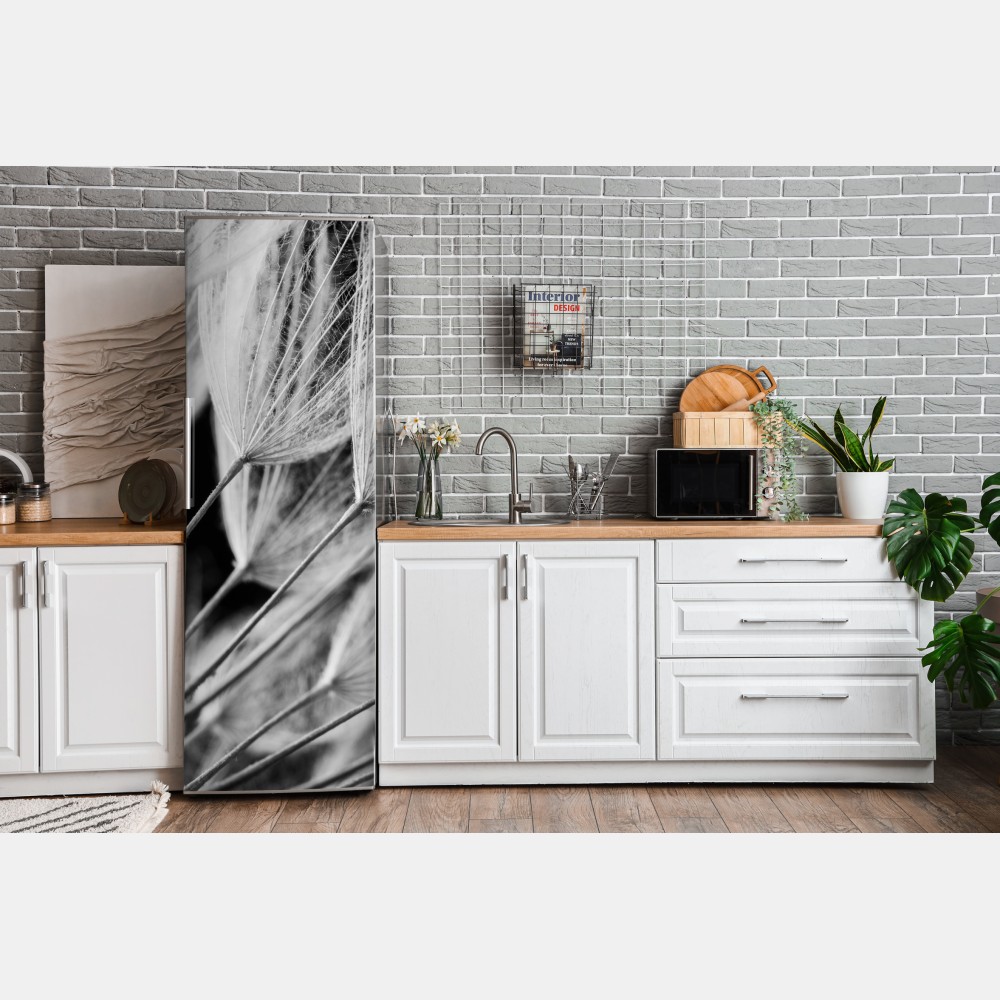 Kühlschrankaufkleber zarte nahaufnahme von löwenzahnsamen in monochrom – Wallnifity® Kühlschrankaufkleber zarte nahaufnahme von löwenzahnsamen in monochrom – Wallnifity®