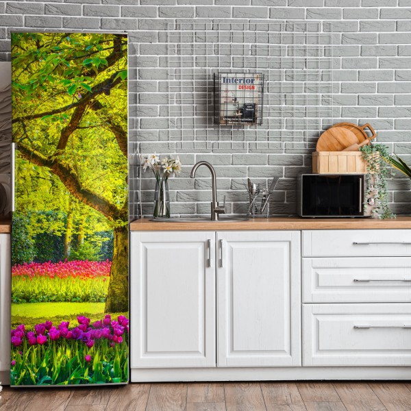 Kühlschrankaufkleber rosa papagei und chrysantheme - botanisches motiv – Wallnifity®