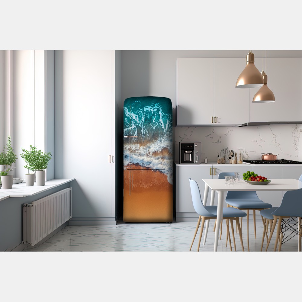 Kühlschrankaufkleber luftaufnahme türkisfarbener wellen an einem sandstrand – Wallnifity® Kühlschrankaufkleber luftaufnahme türkisfarbener wellen an einem sandstrand – Wallnifity®