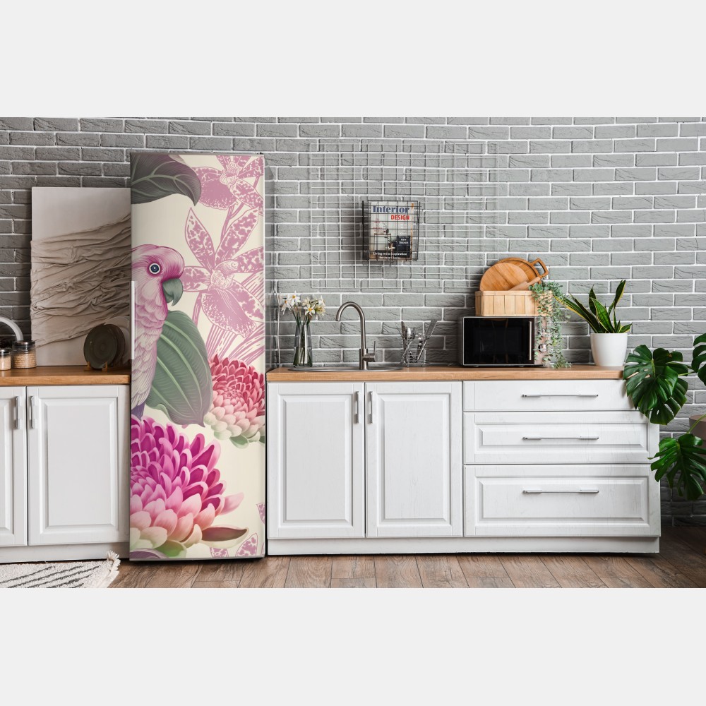 Kühlschrankaufkleber rosa papagei und chrysantheme - botanisches motiv – Wallnifity® Kühlschrankaufkleber rosa papagei und chrysantheme - botanisches motiv – Wallnifity®