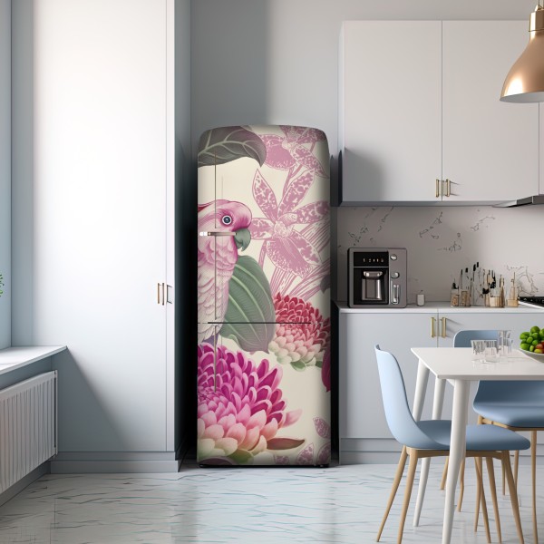 Kühlschrankaufkleber rosa papagei und chrysantheme - botanisches motiv – Wallnifity® Kühlschrankaufkleber rosa papagei und chrysantheme - botanisches motiv – Wallnifity®