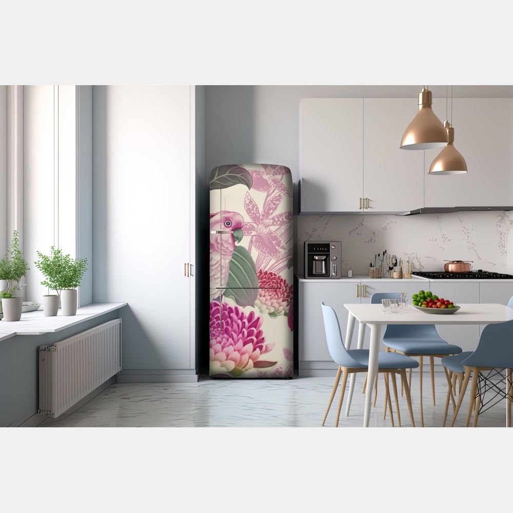 Kühlschrankaufkleber rosa papagei und chrysantheme - botanisches motiv – Wallnifity® Kühlschrankaufkleber rosa papagei und chrysantheme - botanisches motiv – Wallnifity®