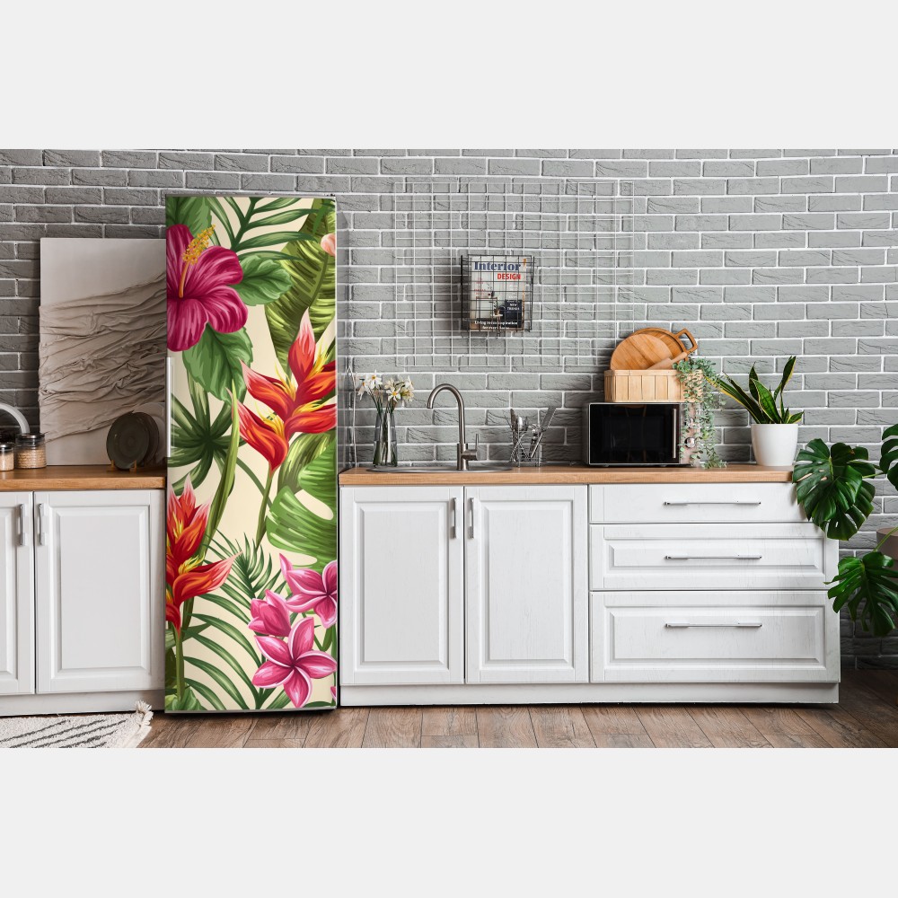 Kühlschrankaufkleber tropisches blumenmuster mit hibiskus und plumeria – Wallnifity® Kühlschrankaufkleber tropisches blumenmuster mit hibiskus und plumeria – Wallnifity®