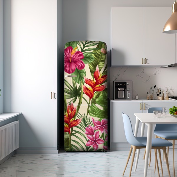 Kühlschrankaufkleber tropisches blumenmuster mit hibiskus und plumeria – Wallnifity® Kühlschrankaufkleber tropisches blumenmuster mit hibiskus und plumeria – Wallnifity®