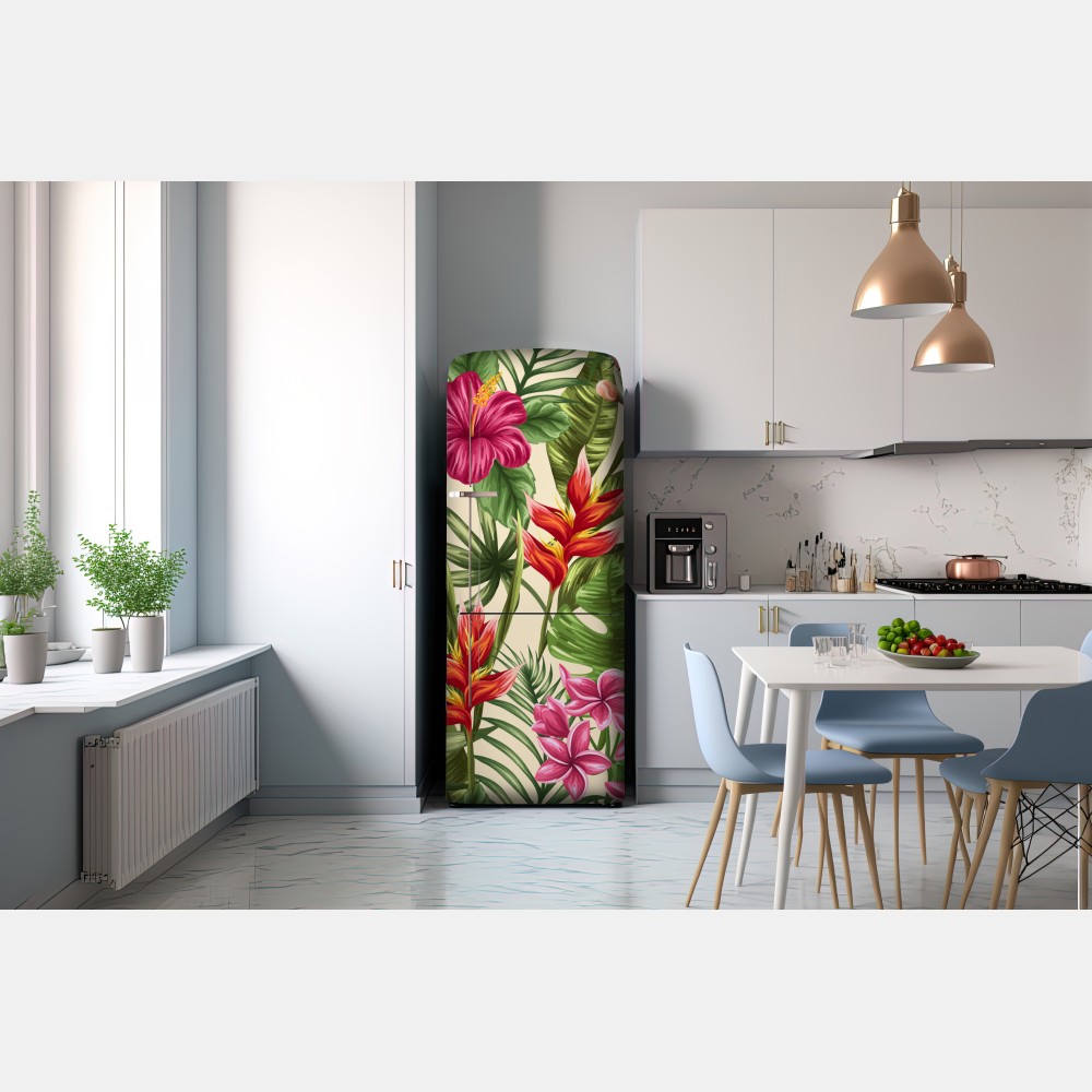 Kühlschrankaufkleber tropisches blumenmuster mit hibiskus und plumeria – Wallnifity® Kühlschrankaufkleber tropisches blumenmuster mit hibiskus und plumeria – Wallnifity®