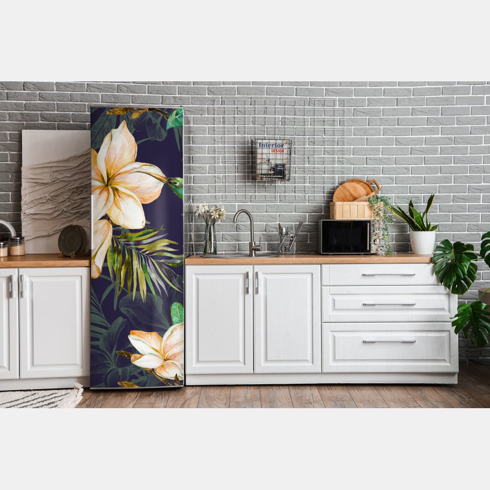 Kühlschrankaufkleber tropische kolibris und plumeria in aquarell – Wallnifity® Kühlschrankaufkleber tropische kolibris und plumeria in aquarell – Wallnifity®