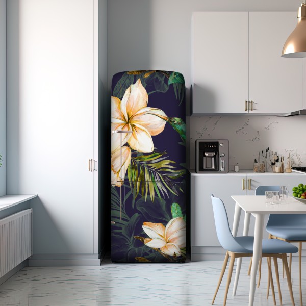 Kühlschrankaufkleber tropische kolibris und plumeria in aquarell – Wallnifity® Kühlschrankaufkleber tropische kolibris und plumeria in aquarell – Wallnifity®