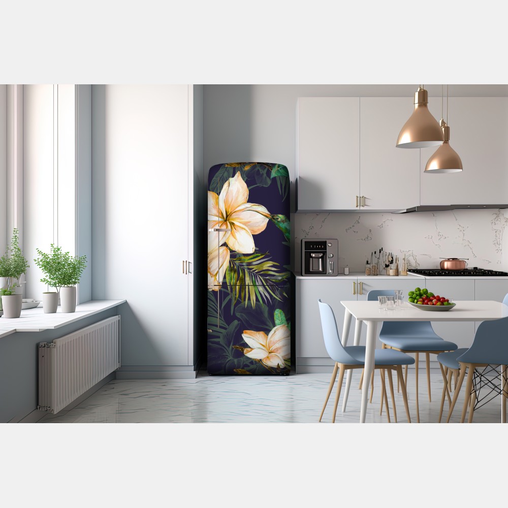 Kühlschrankaufkleber tropische kolibris und plumeria in aquarell – Wallnifity® Kühlschrankaufkleber tropische kolibris und plumeria in aquarell – Wallnifity®