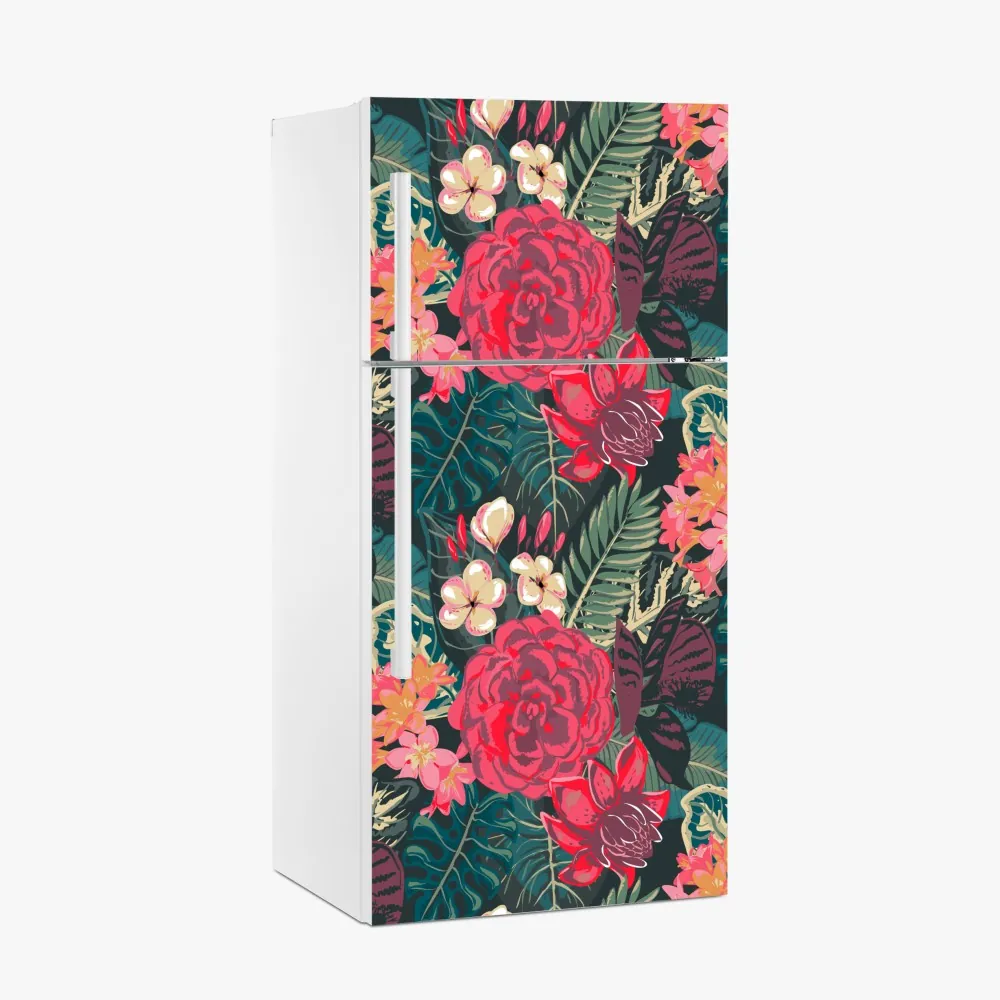Kühlschrankaufkleber tropisches blumenmuster in rosa und türkis – Wallnifity®