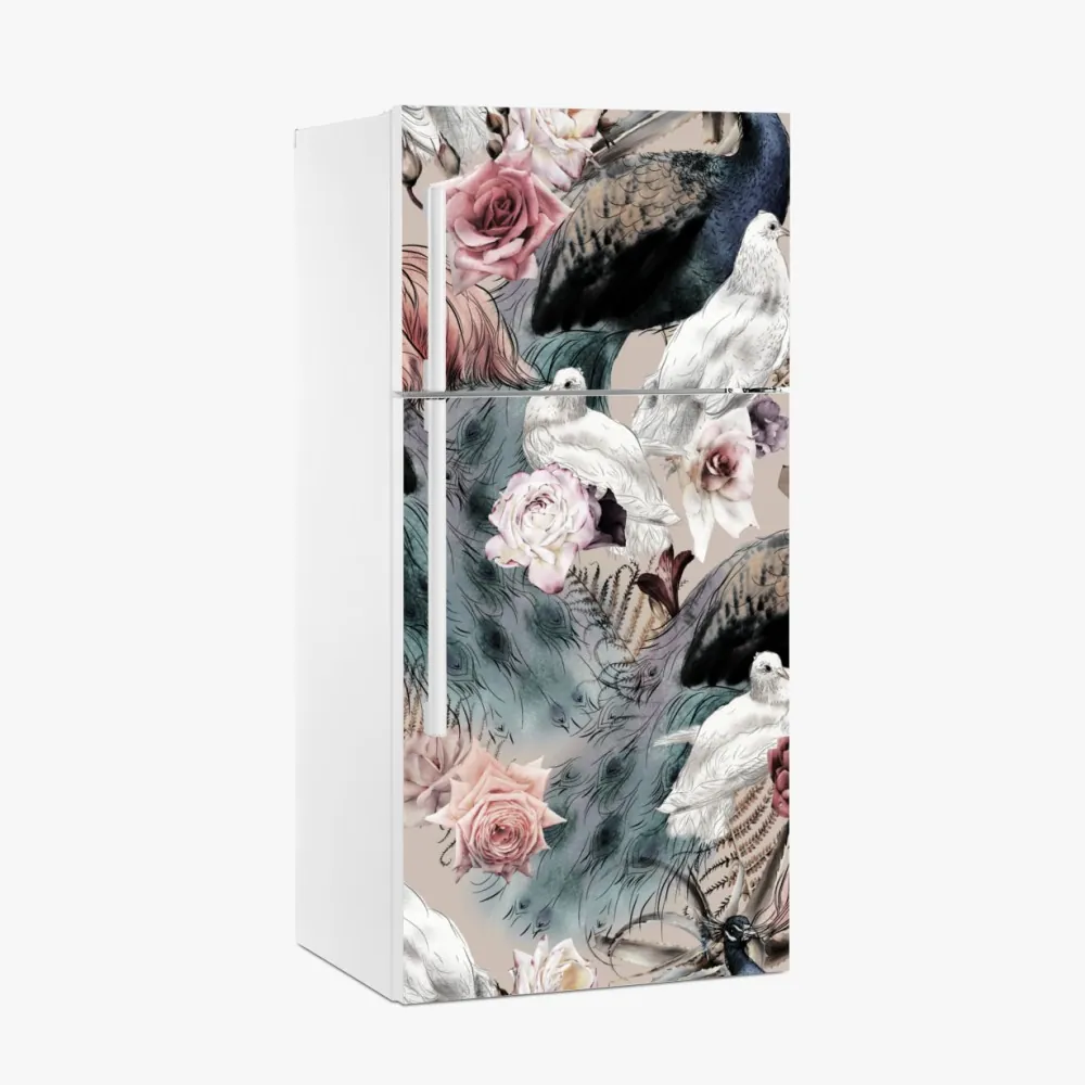 Kühlschrankaufkleber aquarellmuster mit vögeln und rosen – Wallnifity® Kühlschrankaufkleber aquarellmuster mit vögeln und rosen – Wallnifity®